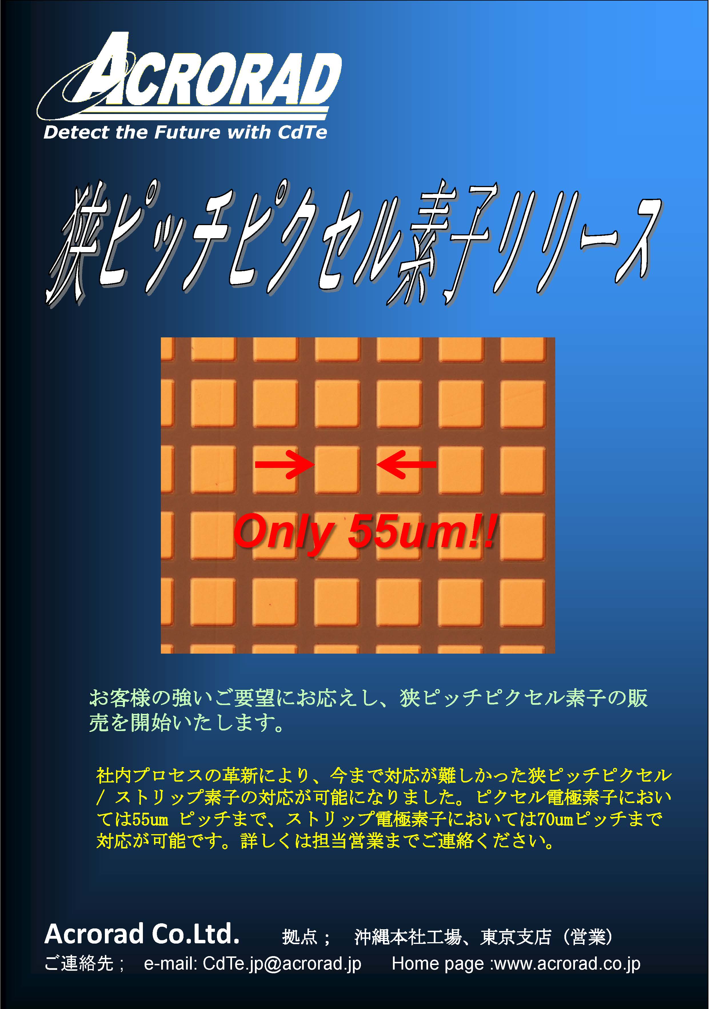 We can offer pixel detector with pixel pitch as small as 55μm.
